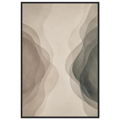 Minimalist abstract wall art poster in a dark wood frame featuring soft neutral tones.