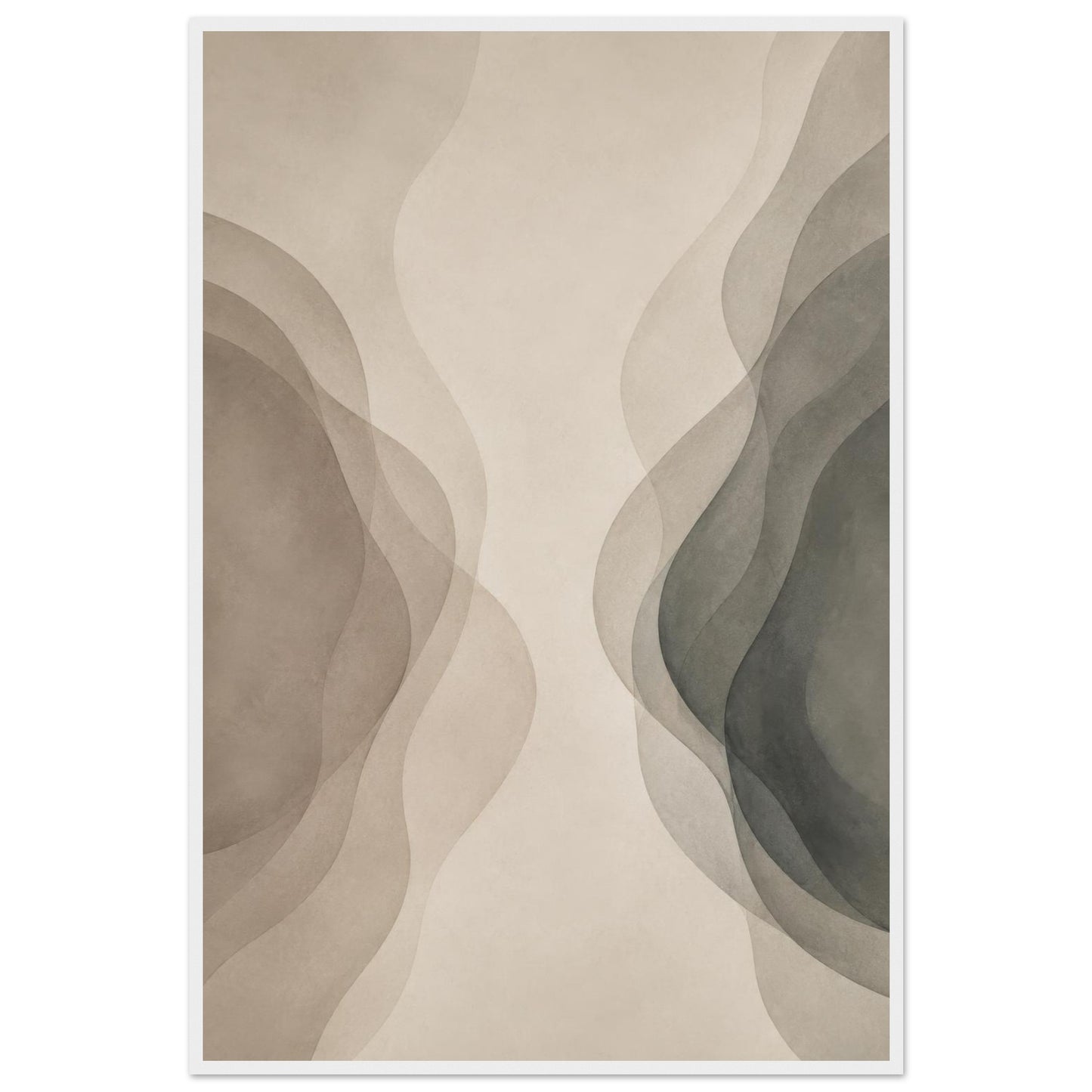 Neutral abstract poster with layered organic shapes displayed in a white frame.