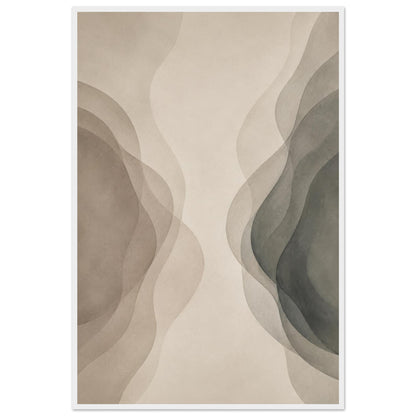 Neutral abstract poster with layered organic shapes displayed in a white frame.