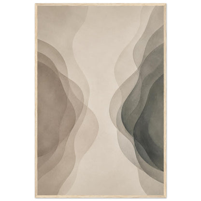 Modern neutral abstract wall art poster with soft beige and gray organic shapes in a natural oak frame.