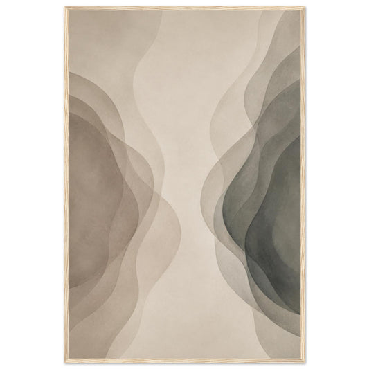 Modern neutral abstract wall art poster with soft beige and gray organic shapes in a natural oak frame.