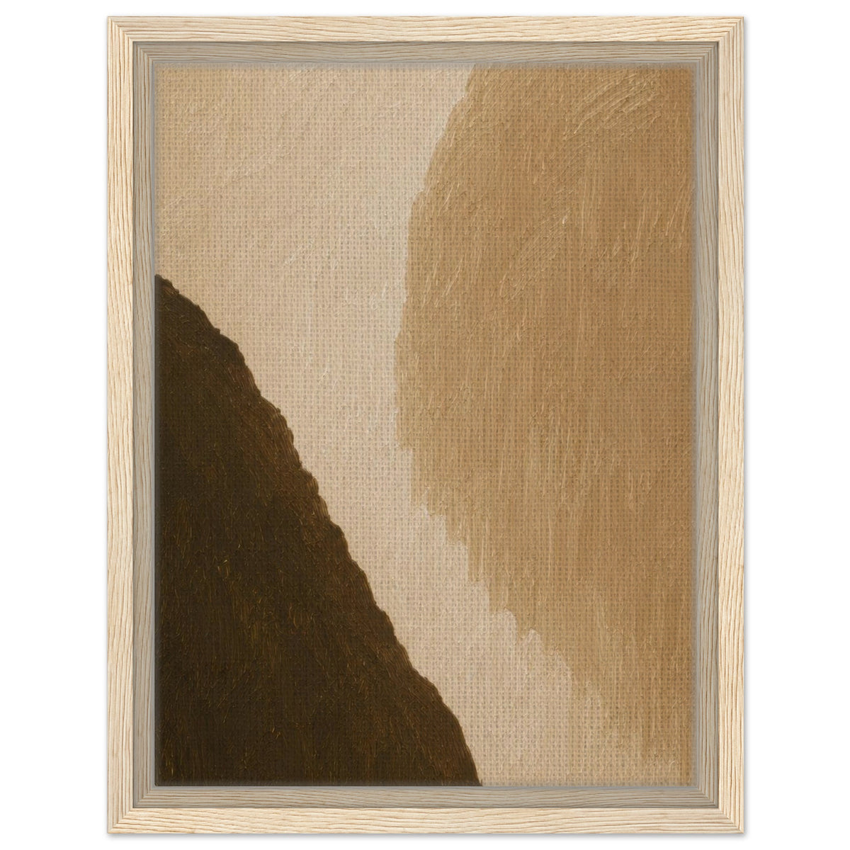 Modern neutral artwork with bold geometric shapes in a light wood frame