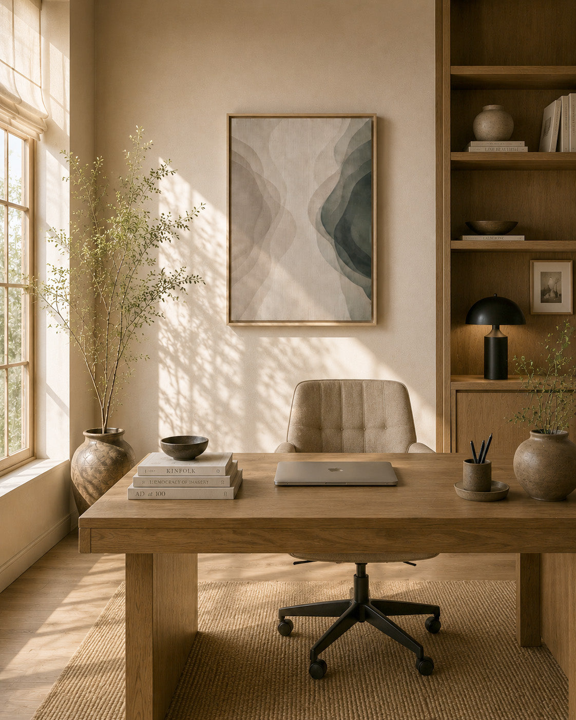 Modern neutral wall art displayed in a warm minimalist home office