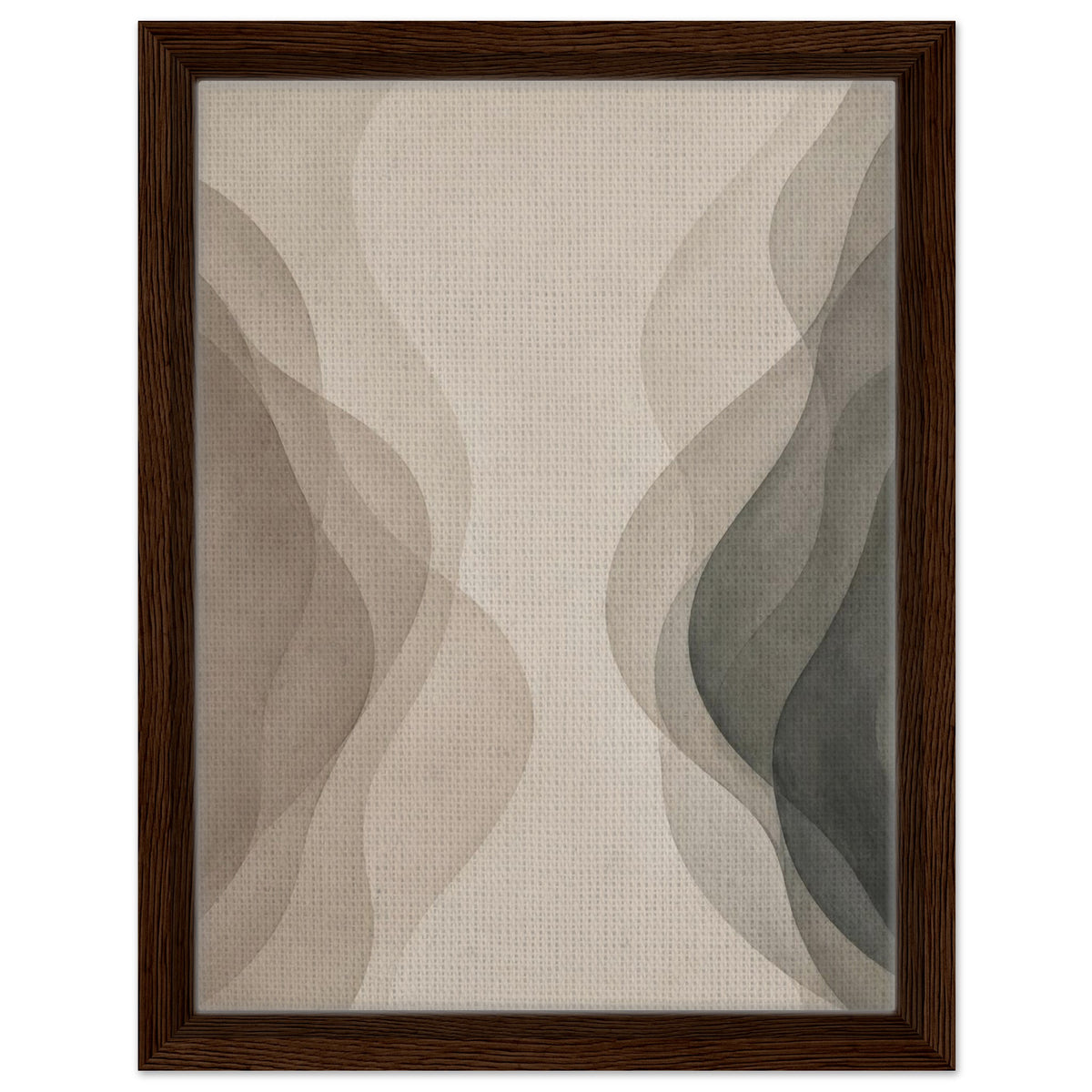 Modern organic abstract print with flowing neutral shapes in dark wood frame