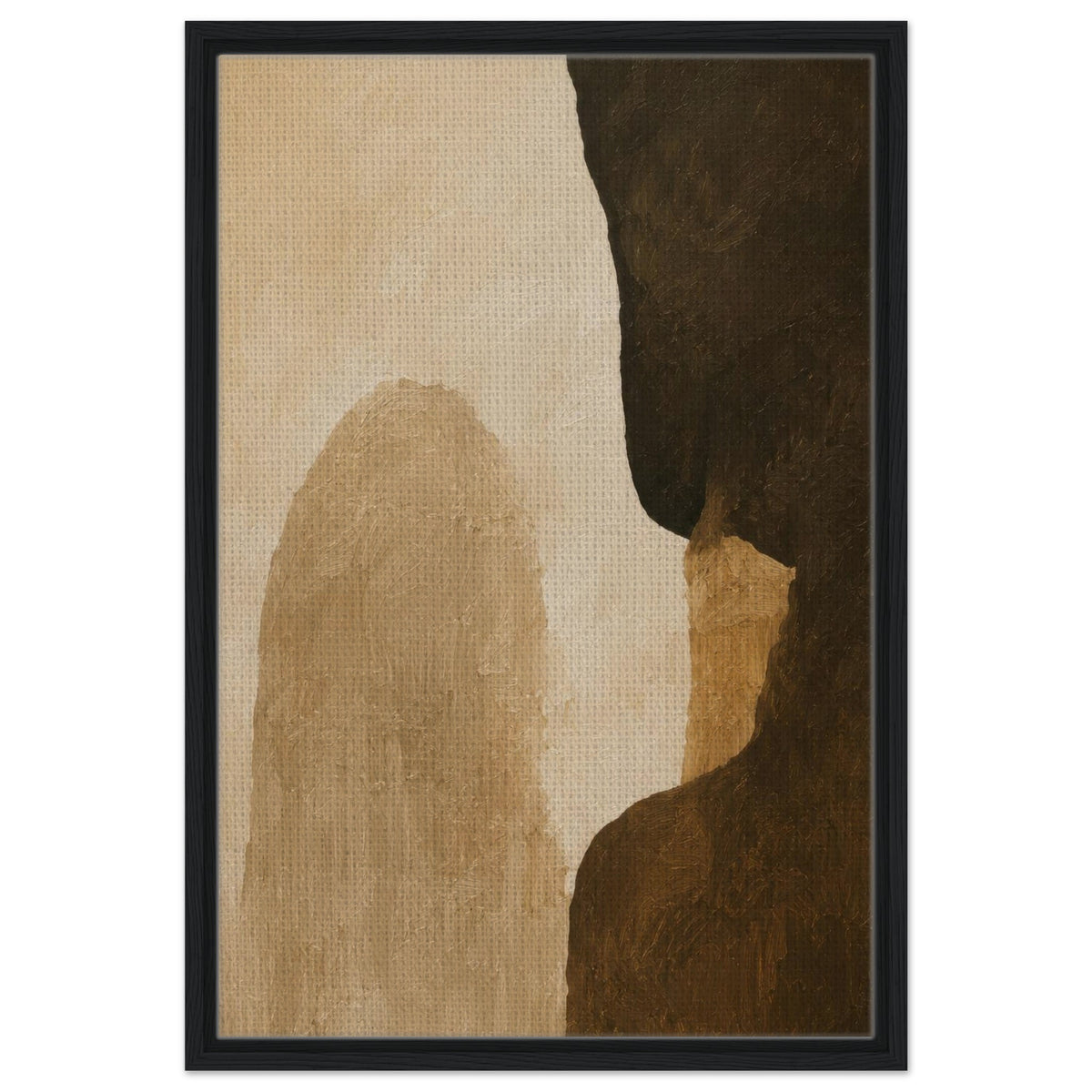 Modern organic canvas artwork in warm beige and deep brown with black frame