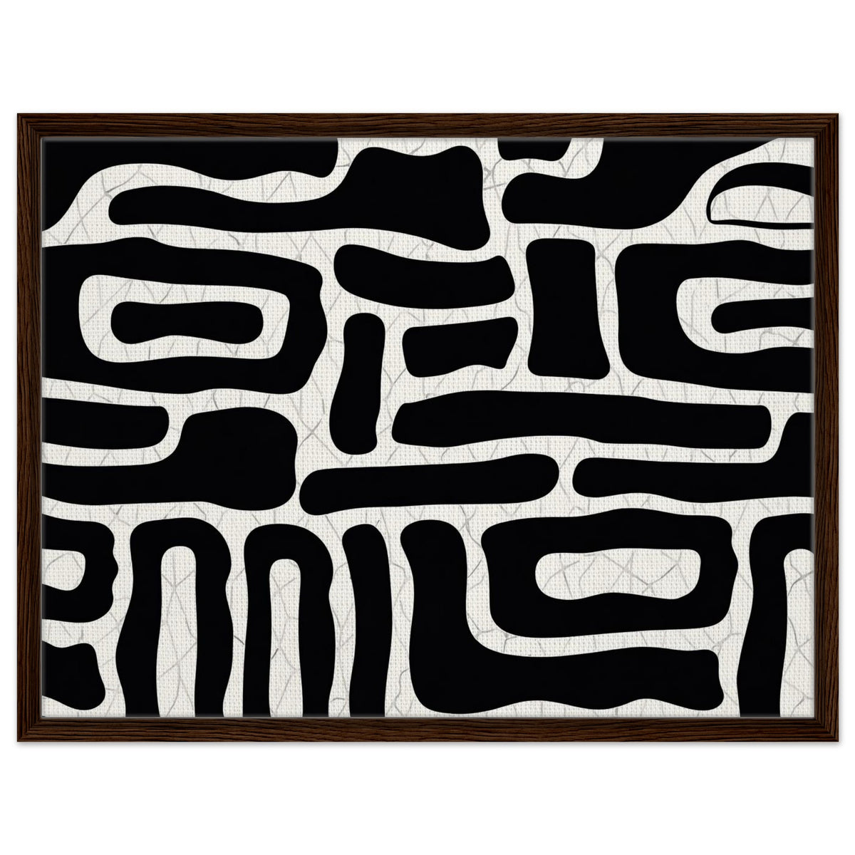 Modern abstract artwork with organic black and white shapes in black frame