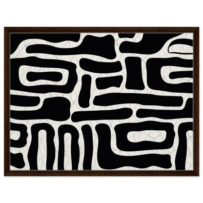 Modern abstract artwork with organic black and white shapes in black frame
