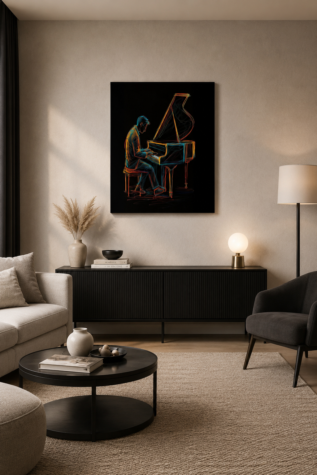 Modern living room mockup featuring colorful piano wall art above a black sideboard with neutral furniture and soft lighting.
