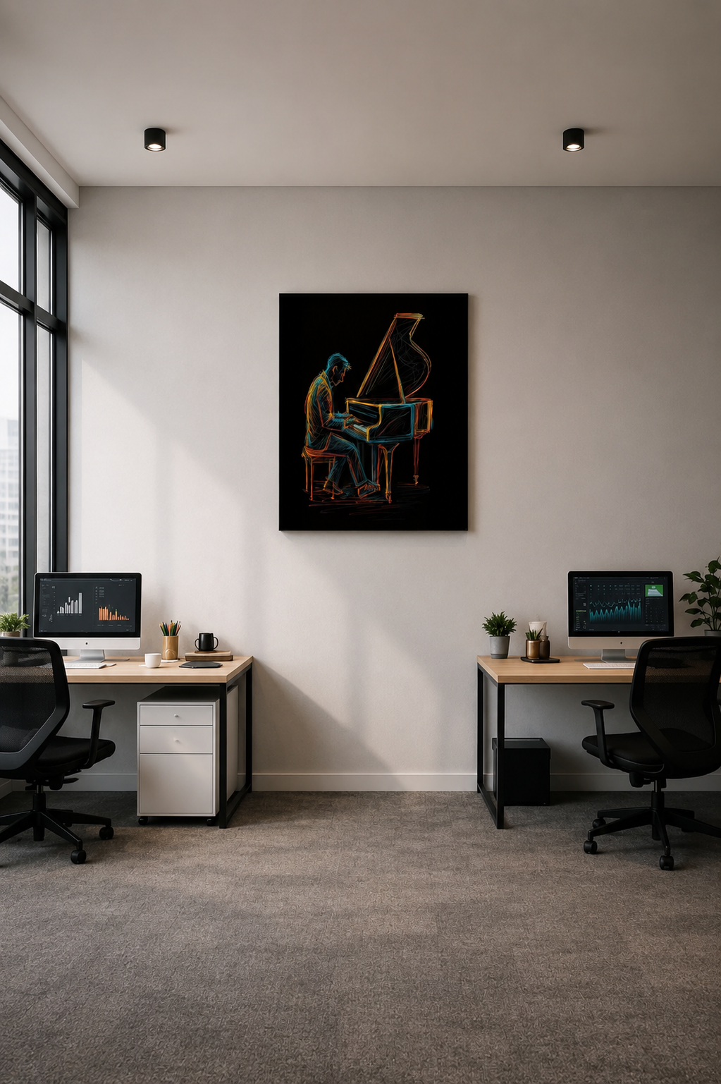 Modern office workspace mockup with colorful piano wall art centered between two desk setups.