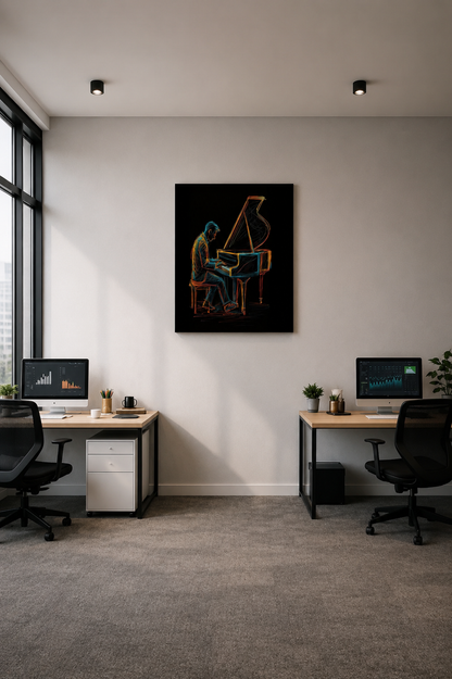 Modern office workspace mockup with colorful piano wall art centered between two desk setups.