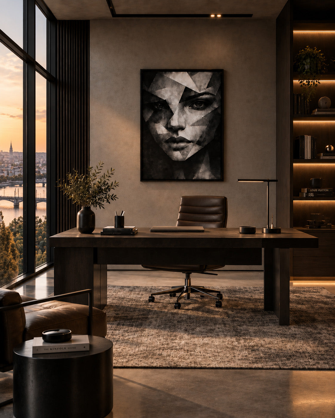 Modern monochrome portrait wall art styled in an elegant home office