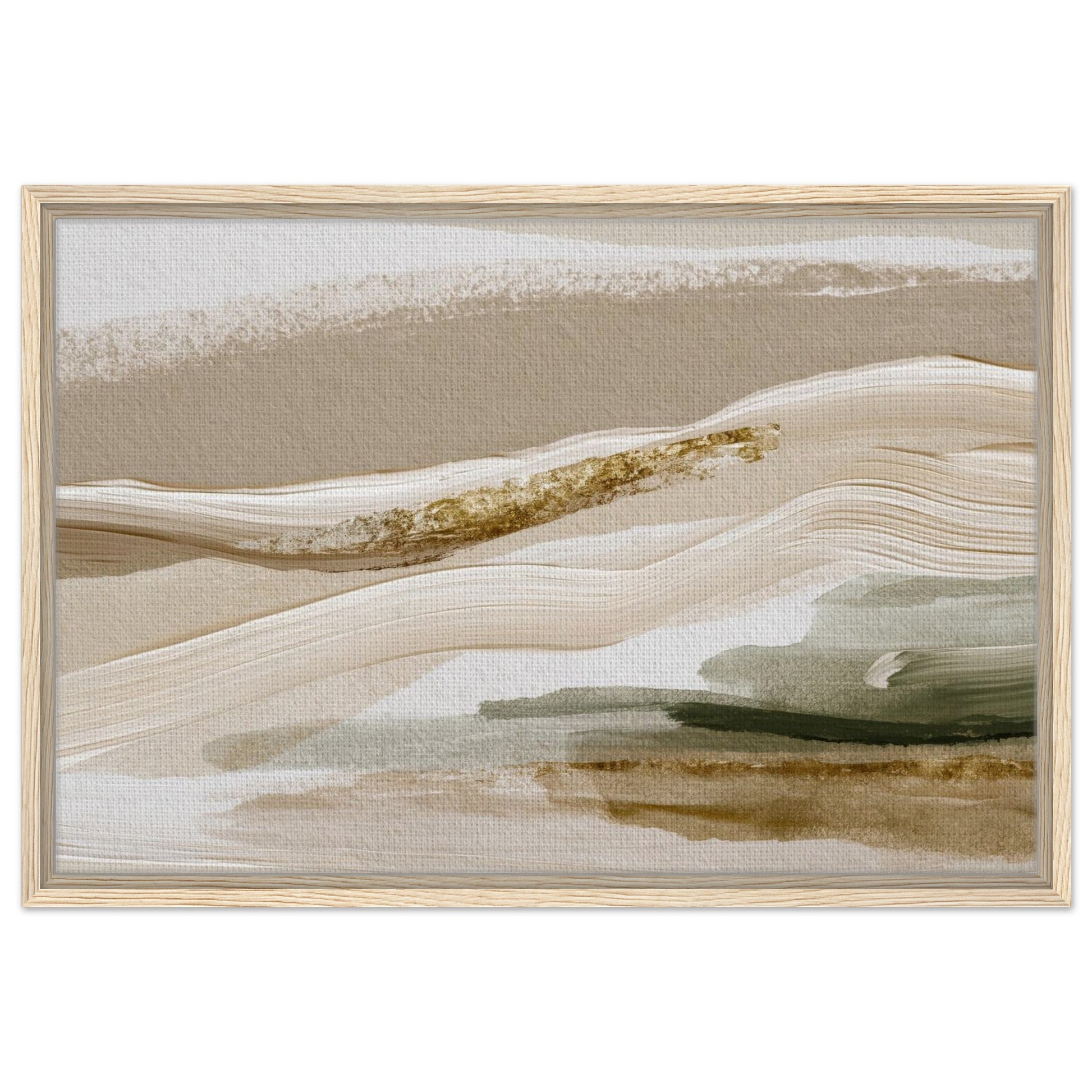 Modern serene artwork with delicate landscape forms in a light wood frame