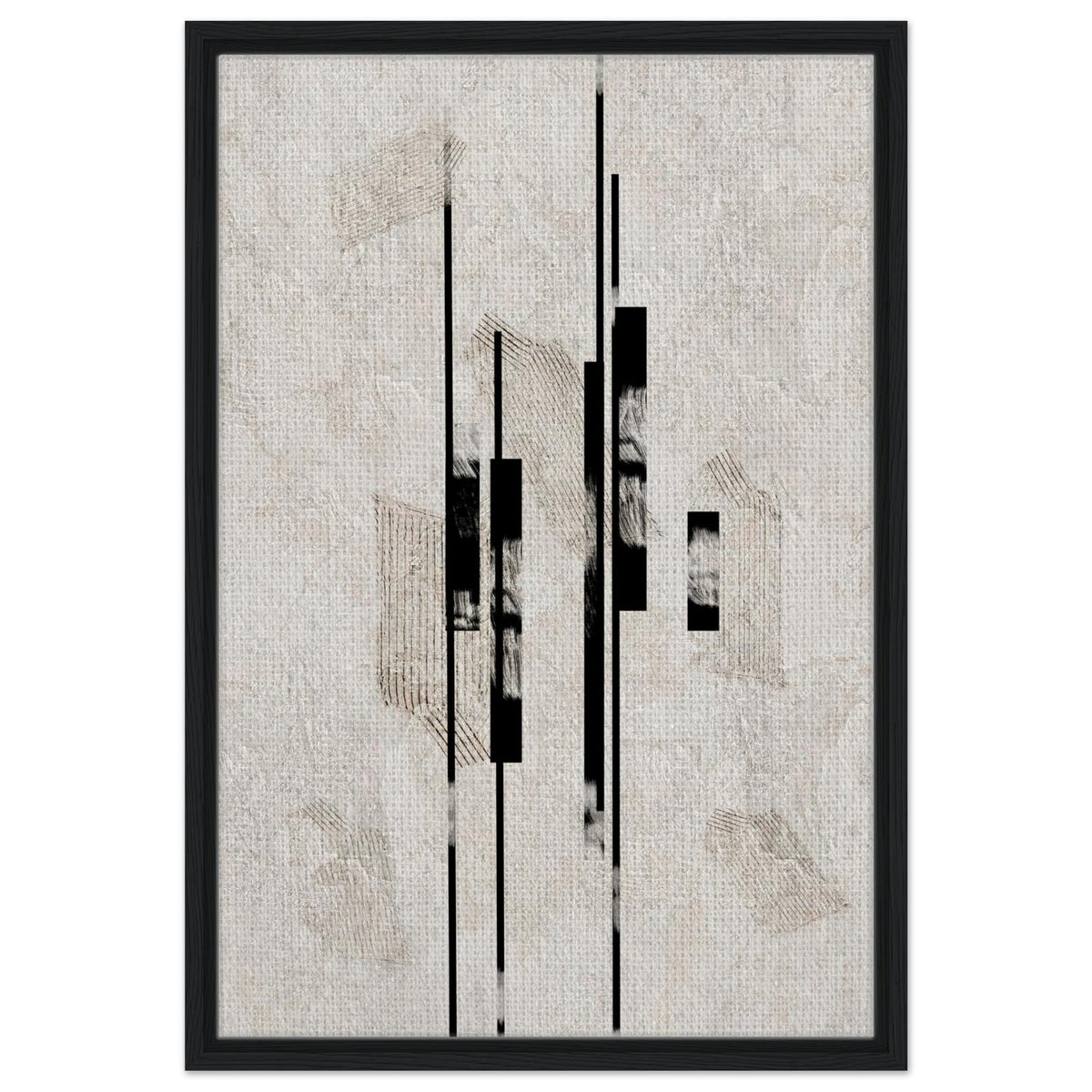 Modern structured wall art with slender black lines and geometric blocks