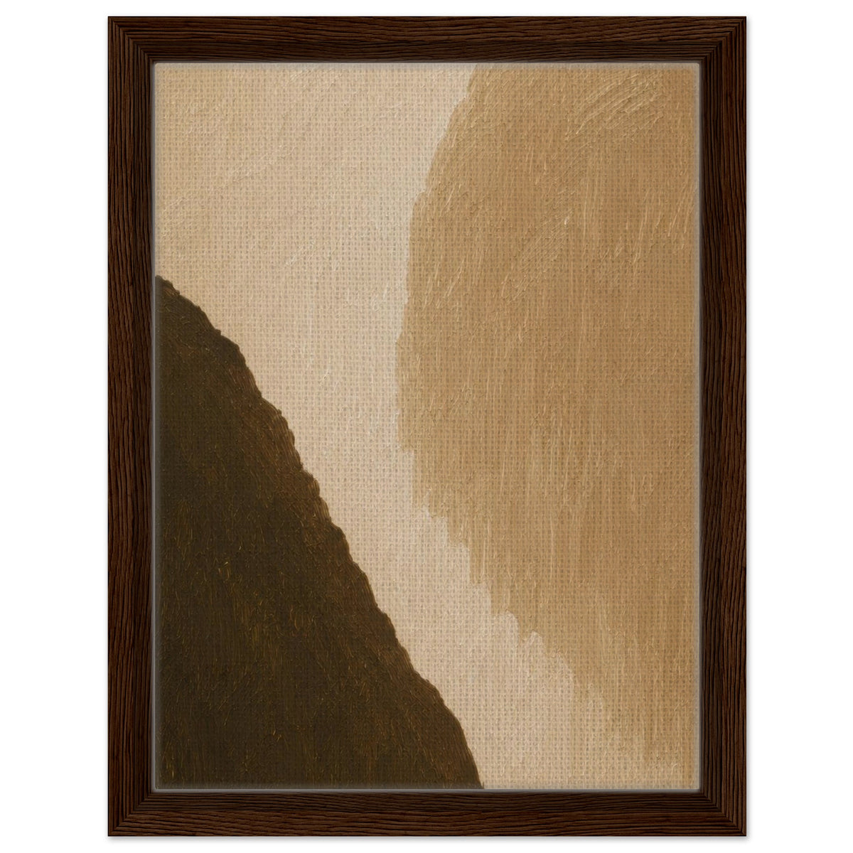 Modern tan wall art with a bold dark brown curved form in dark wood frame