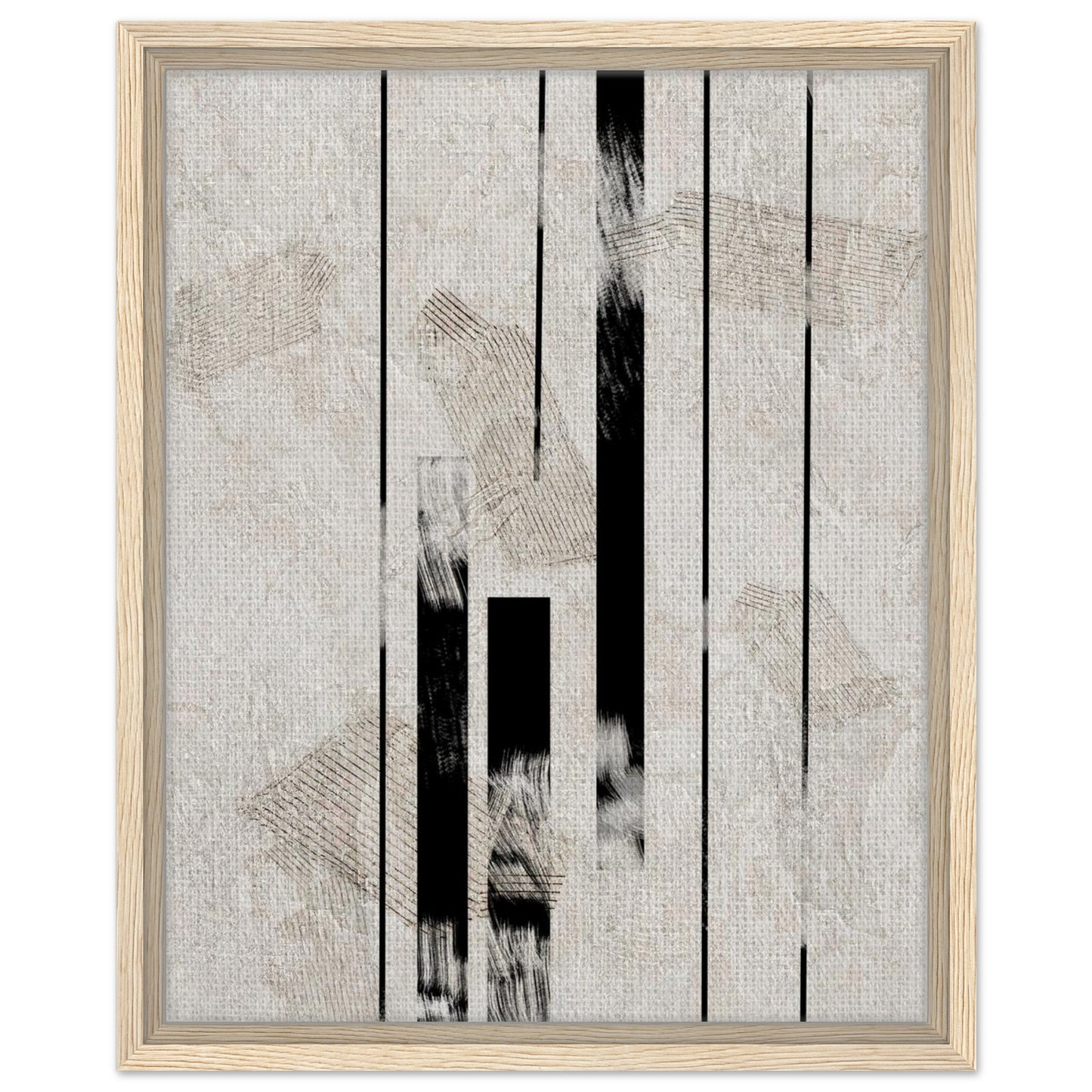 Modern vertical abstract art in black cream and beige with natural wood frame