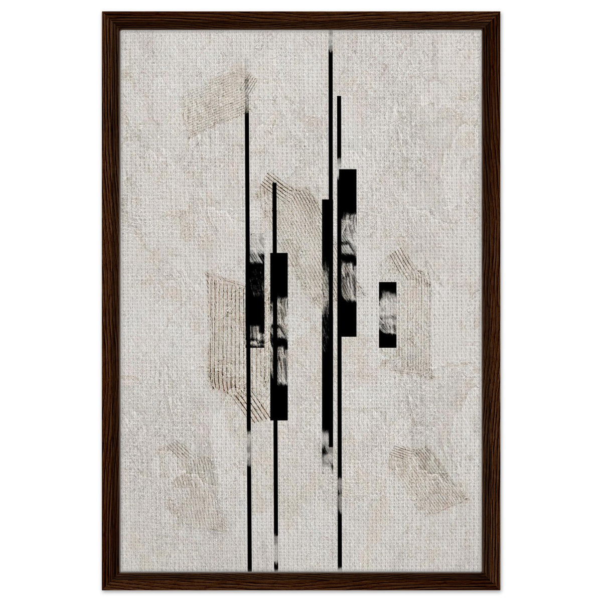 Modern vertical composition with black geometric forms in a dark wood frame