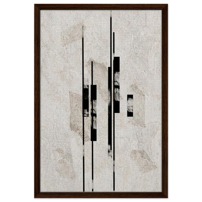 Modern vertical composition with black geometric forms in a dark wood frame