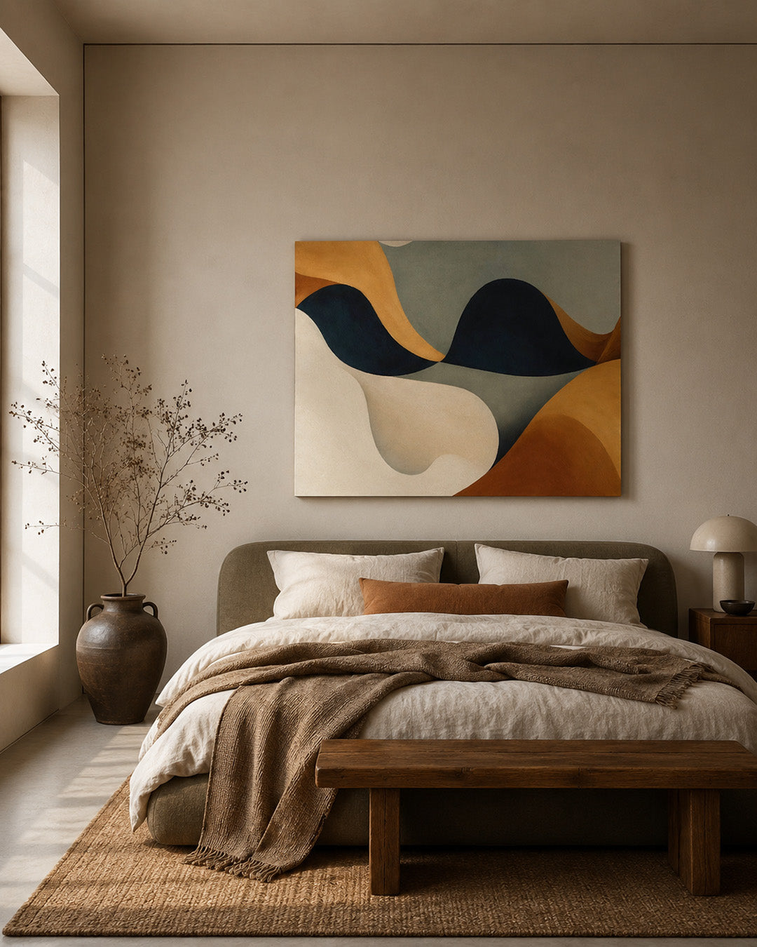 Modern neutral canvas wall art above bed in minimalist beige bedroom interior