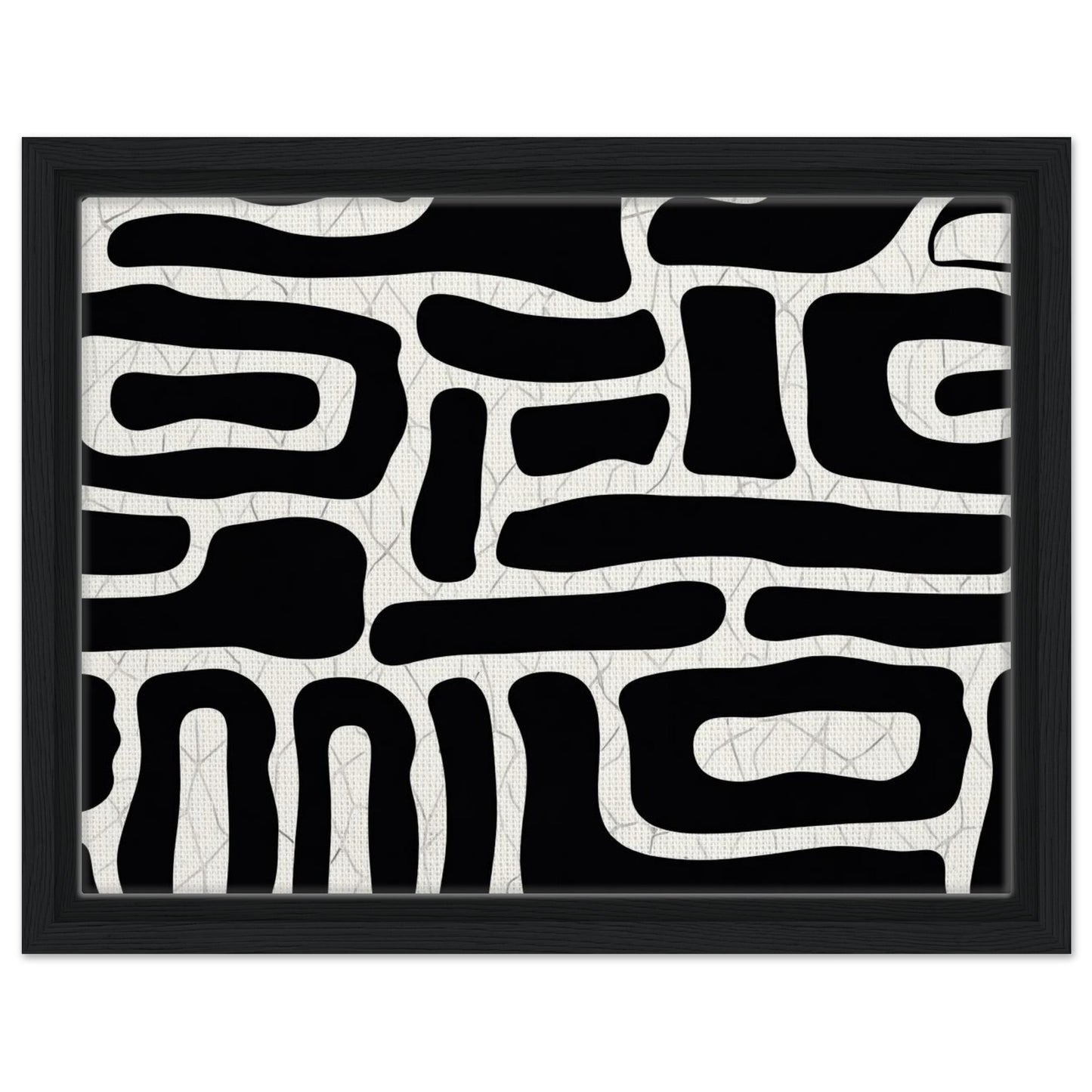 Modernist abstract print featuring irregular black and white forms in dark wood frame