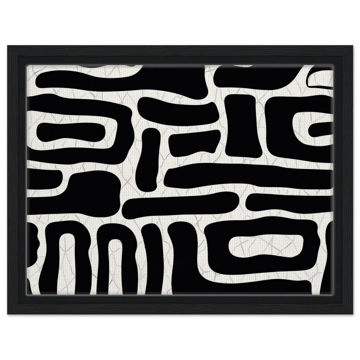 Modernist abstract print featuring irregular black and white forms in dark wood frame