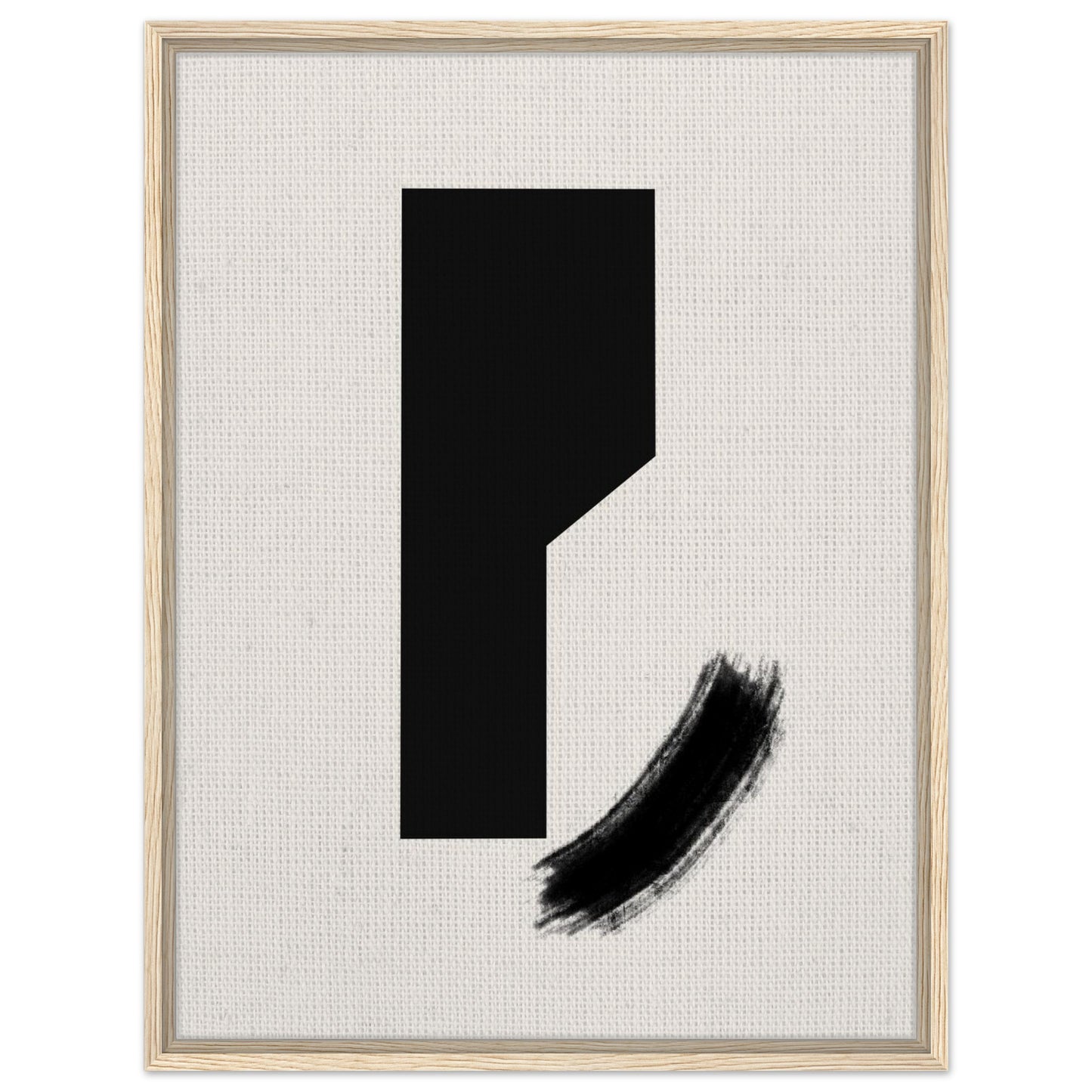 Modernist black abstract artwork with curved brushstroke in natural wood frame