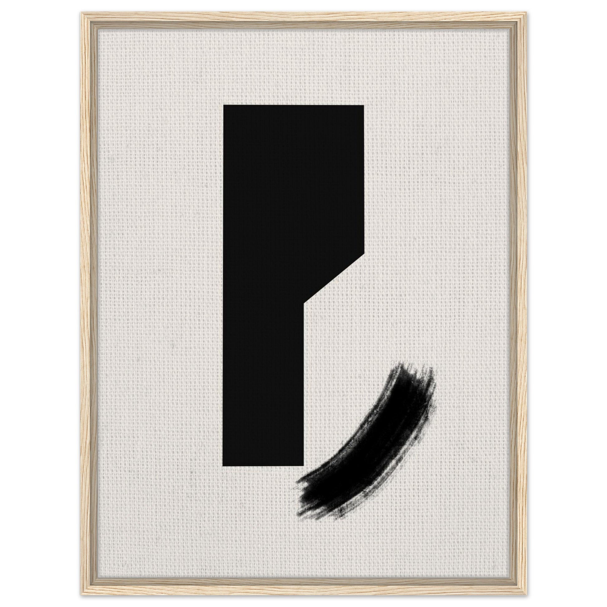 Modernist black abstract artwork with curved brushstroke in natural wood frame