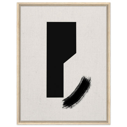 Modernist black abstract artwork with curved brushstroke in natural wood frame