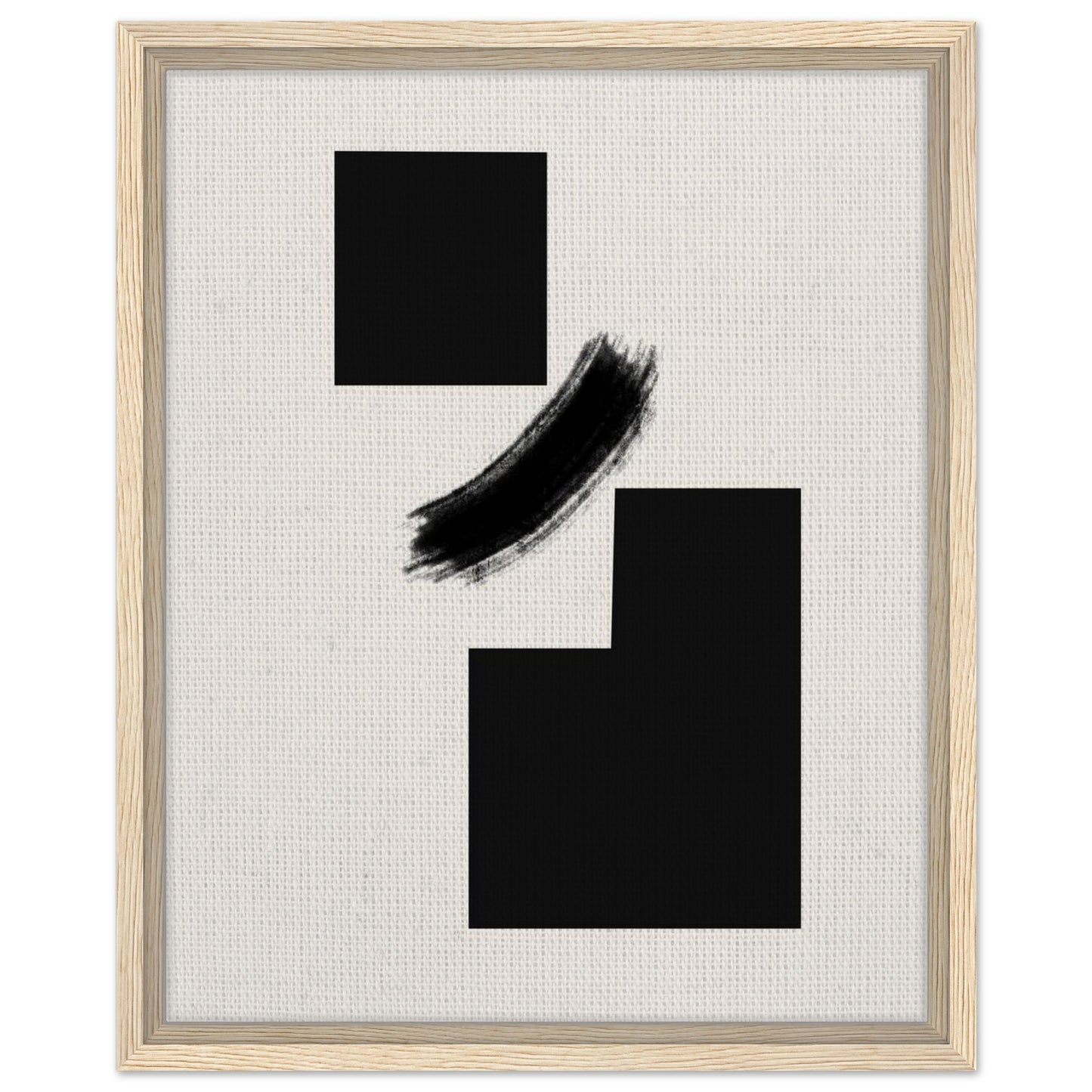 Modernist black shape artwork on a warm neutral background with light wood frame
