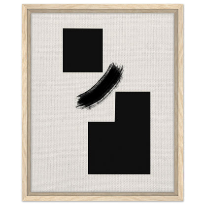 Modernist black shape artwork on a warm neutral background with light wood frame