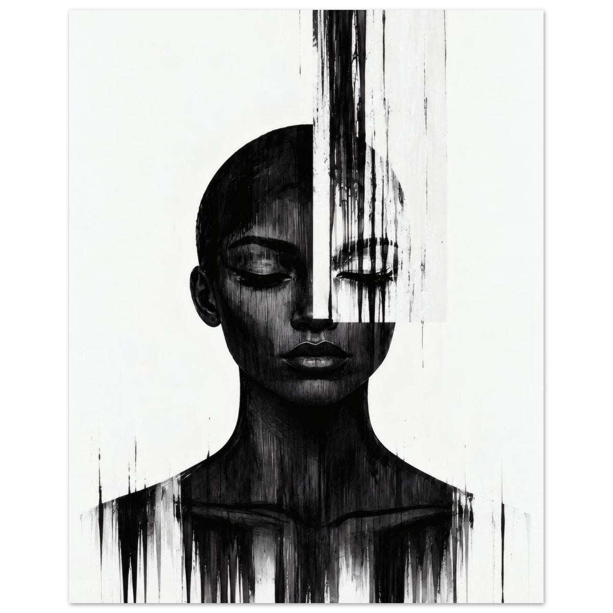 Molten Silhouette monochrome portrait poster on a white wall