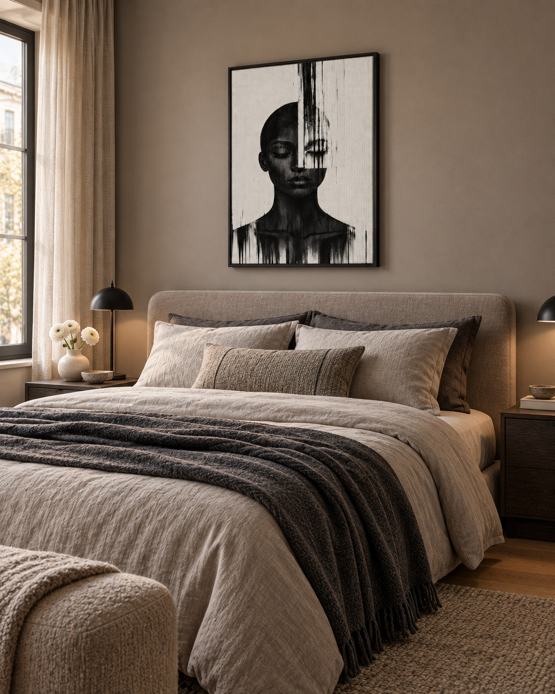 Molten Silhouette framed canvas portrait in a bedroom