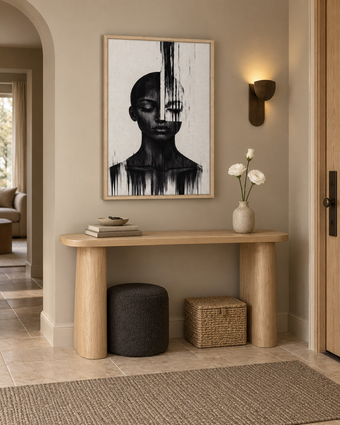 Molten Silhouette framed canvas portrait in a hallway