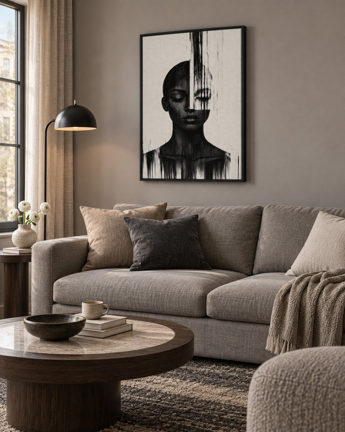 Molten Silhouette framed canvas portrait in a modern living room