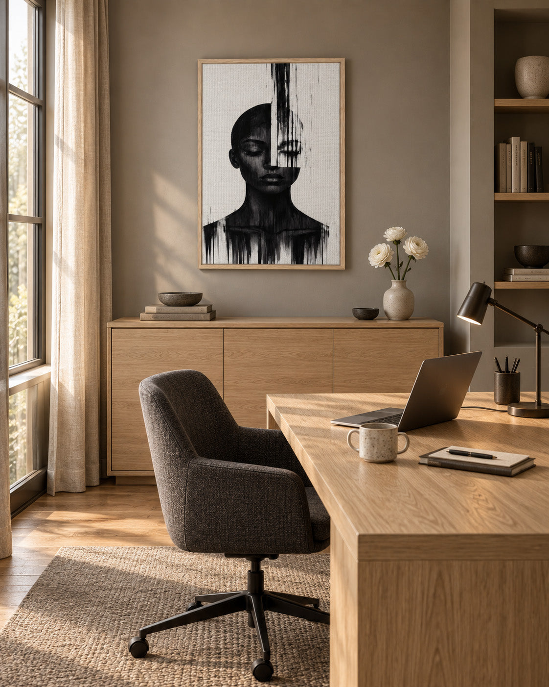 Molten Silhouette framed canvas portrait in a home office
