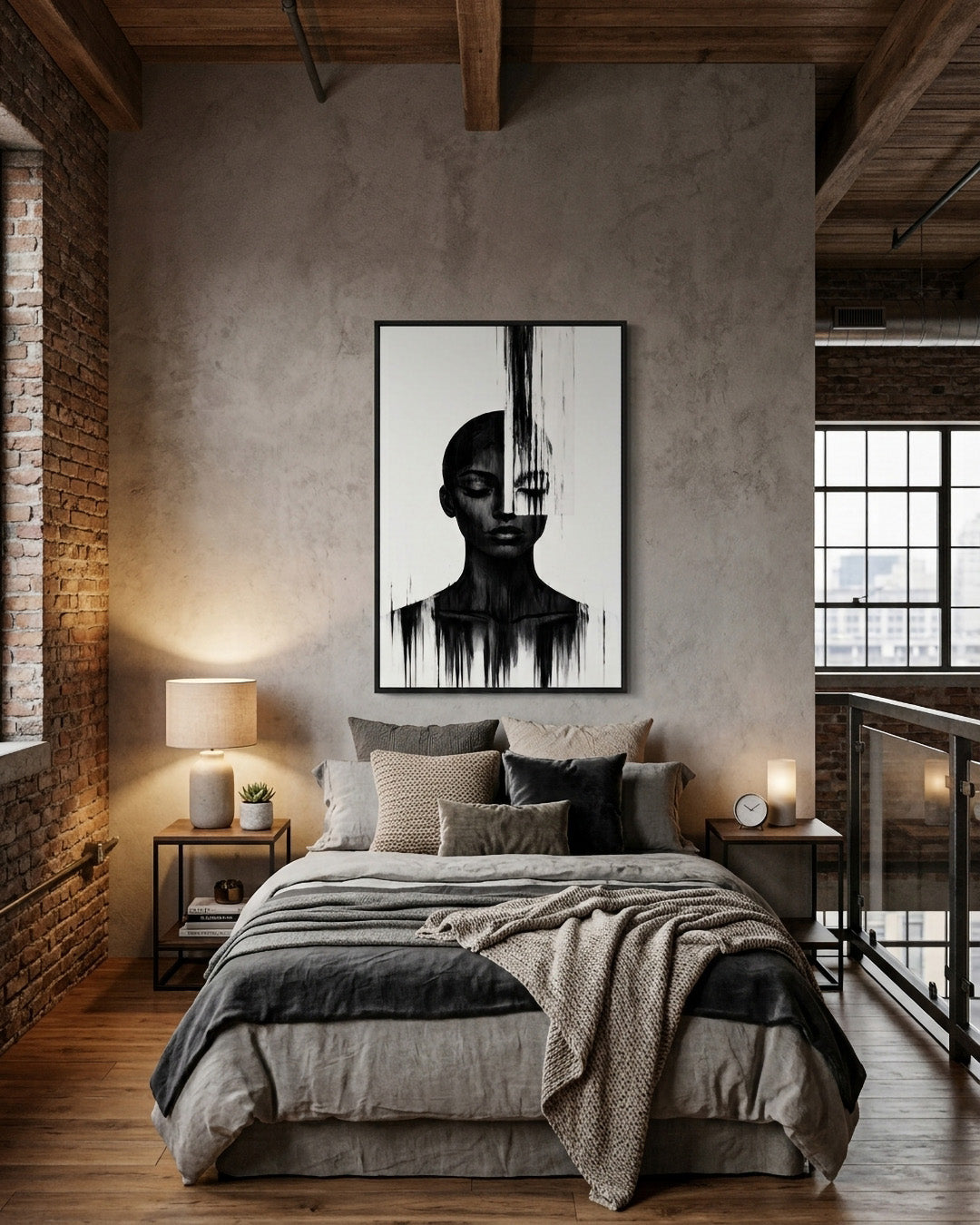 Molten Silhouette framed portrait in an industrial-style bedroom