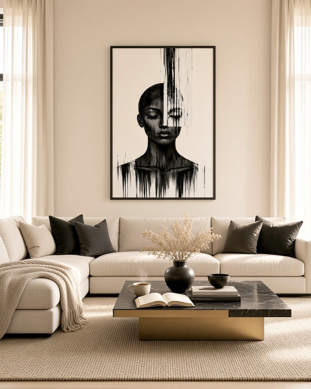 Molten Silhouette framed portrait hanging above a sofa in a modern living room