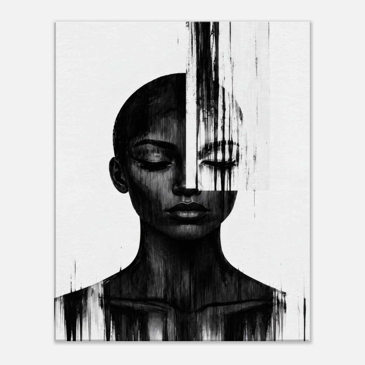 Molten Silhouette monochrome portrait canvas wall art with a dripping black paint effect