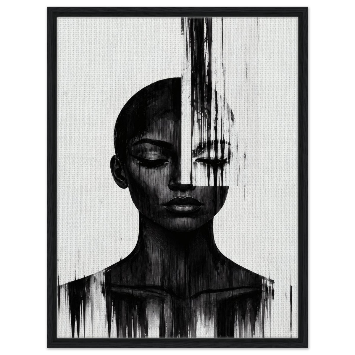 Molten Silhouette monochrome portrait framed canvas wall art in a black frame