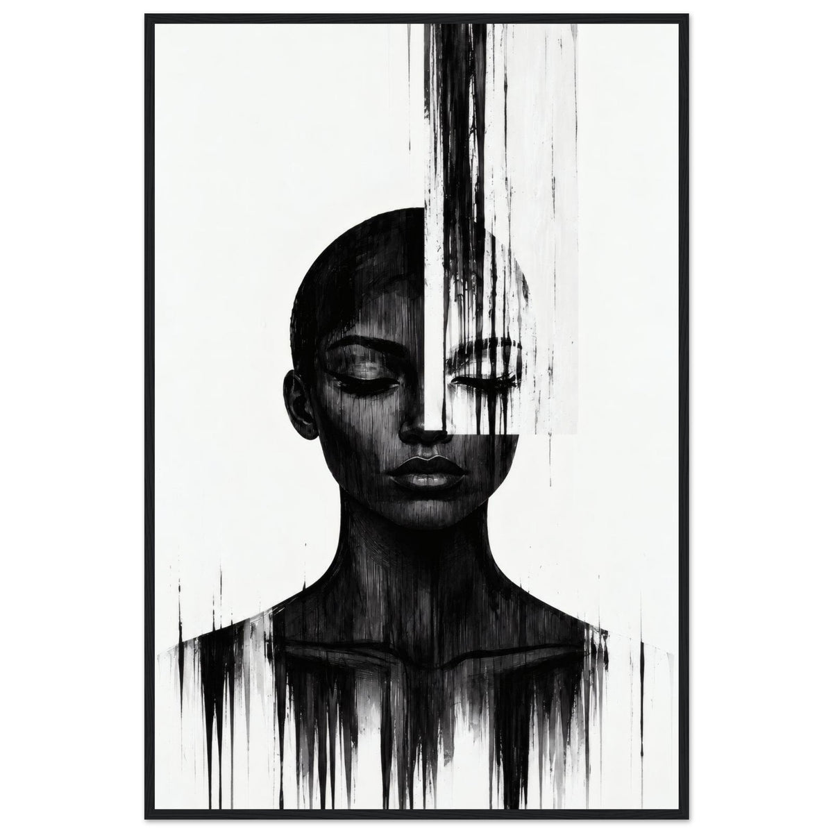 Molten Silhouette monochrome portrait framed wall art with a dripping black paint effect