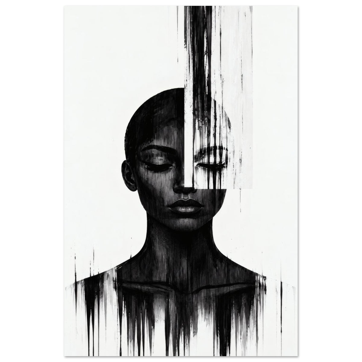 Molten Silhouette monochrome portrait wall art poster with a dripping black paint effect