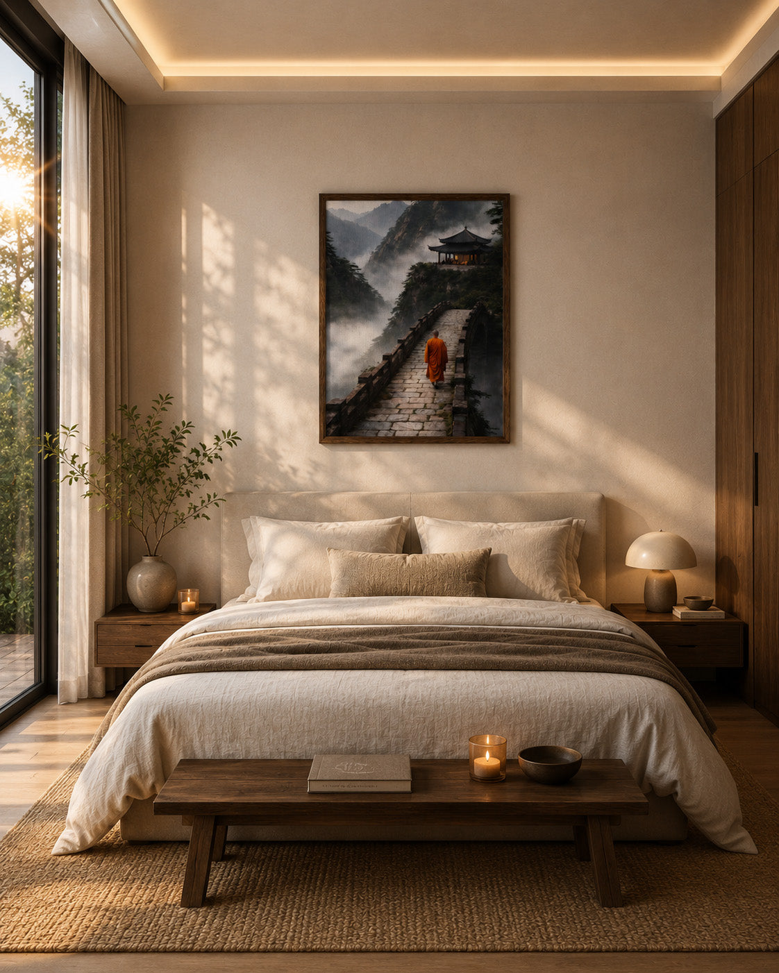 Monk walking to a mountain temple canvas displayed in a serene modern bedroom
