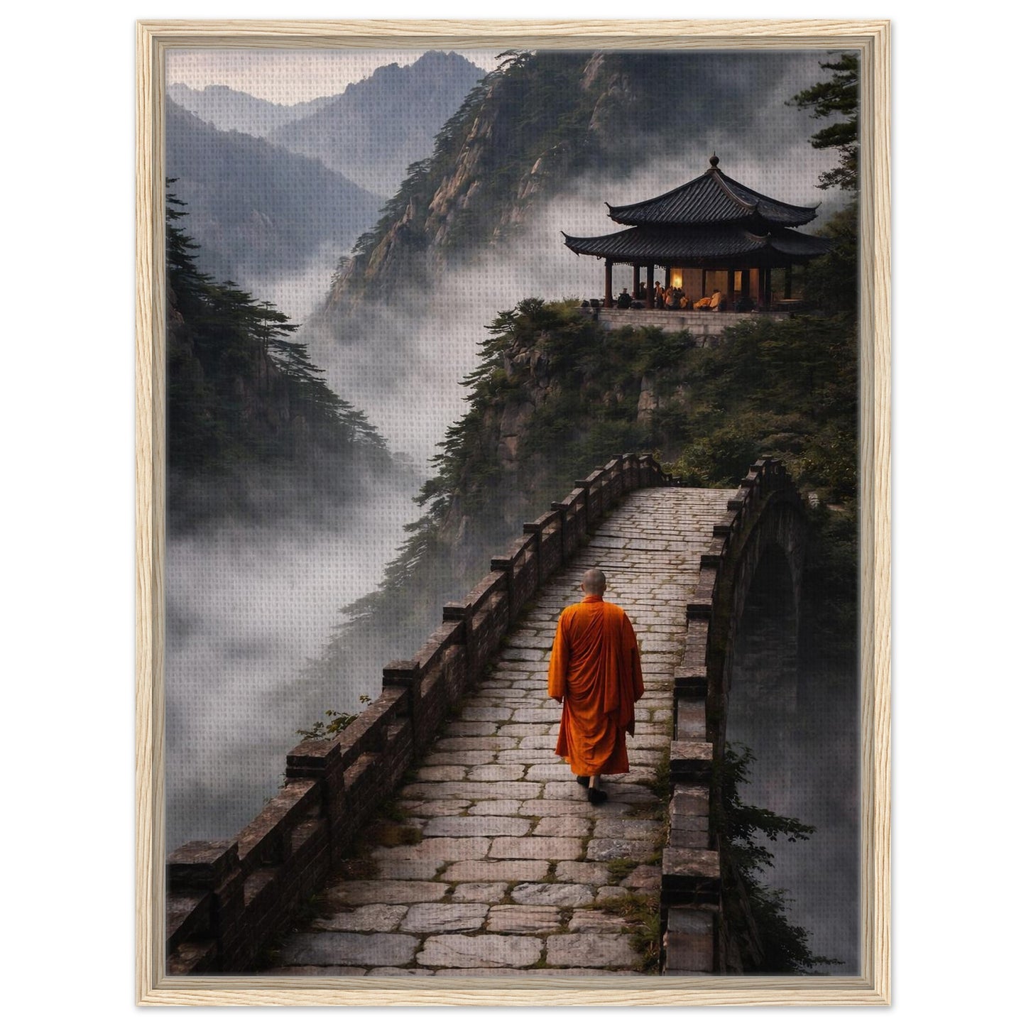 Monk walking toward a mountain temple framed canvas wall art with misty landscape