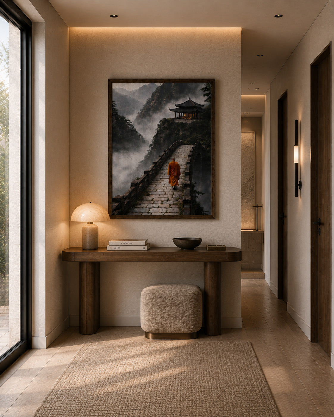 Mountain temple and monk framed canvas displayed in a warm minimalist hallway