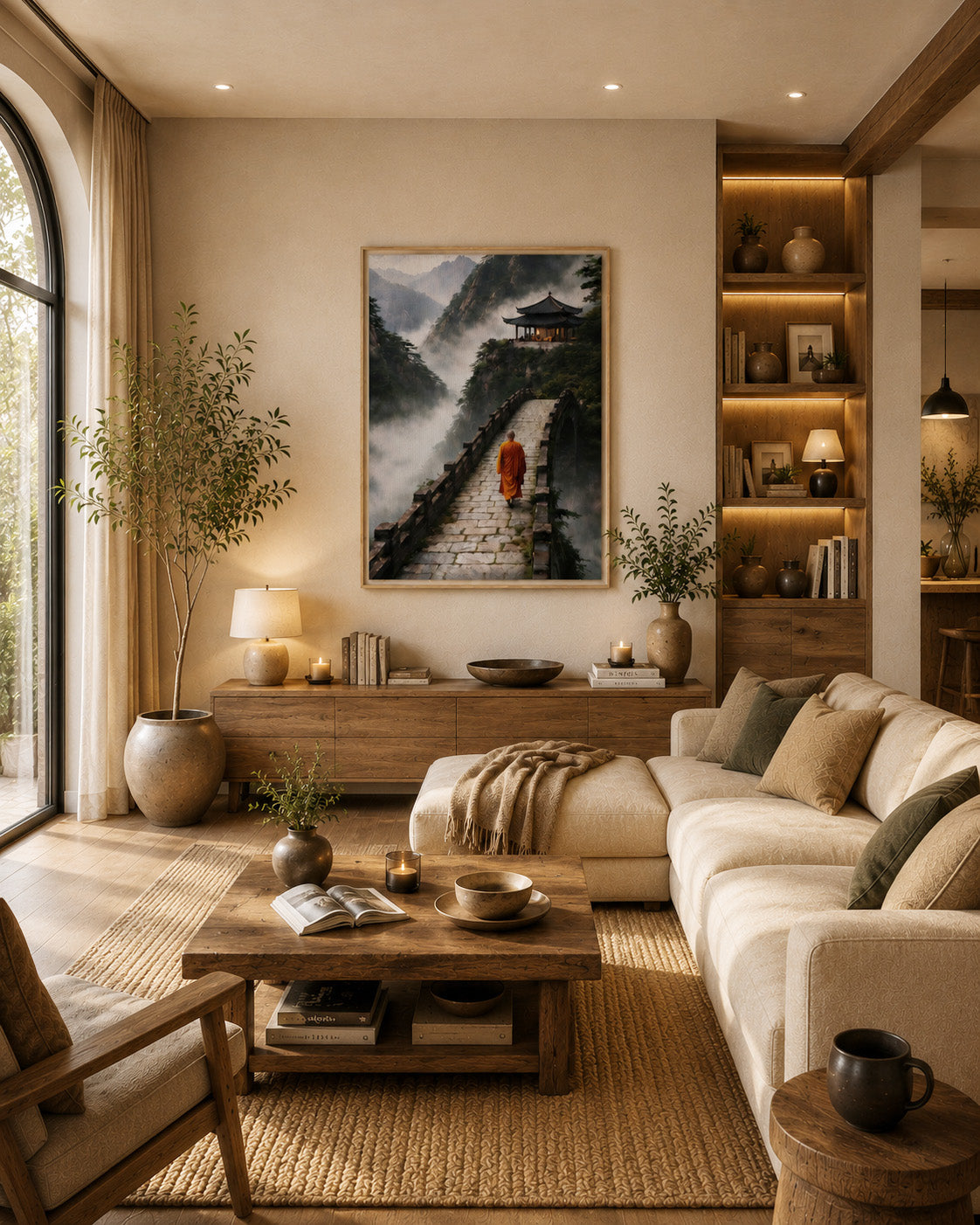 Monk and mountain temple framed canvas displayed in a warm contemporary living room