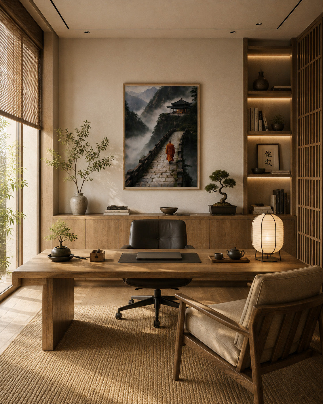 Misty mountain monk framed canvas displayed in a modern minimalist home office
