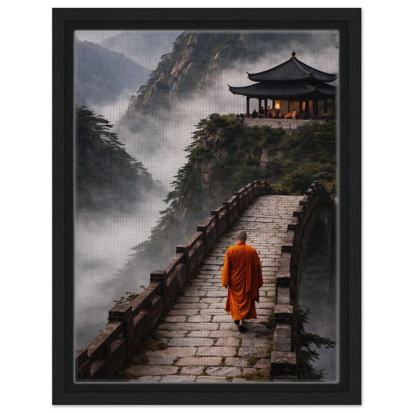 Atmospheric monk and temple wall art finished with a charcoal frame