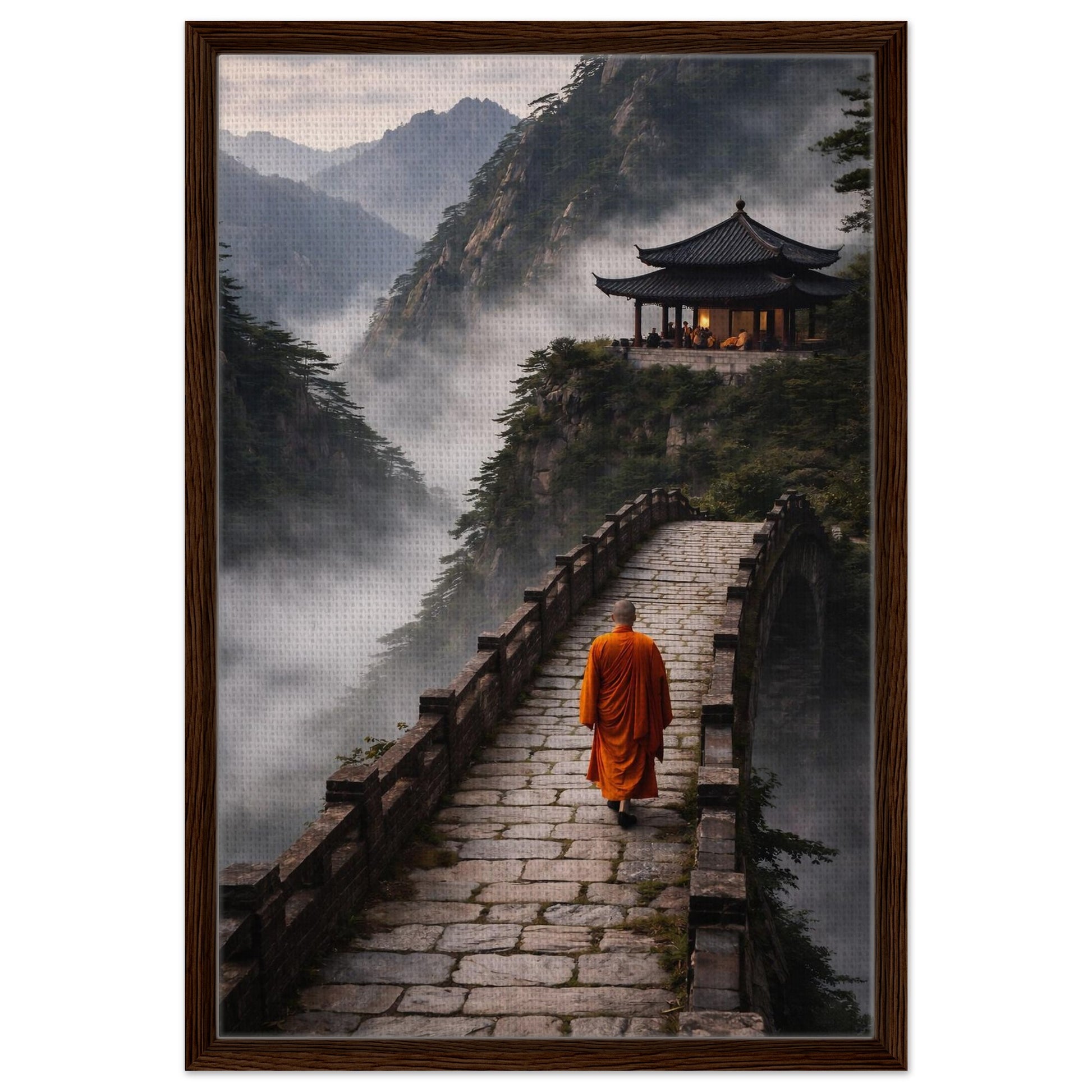 Monk walking toward a distant temple canvas artwork in a dark brown wood frame