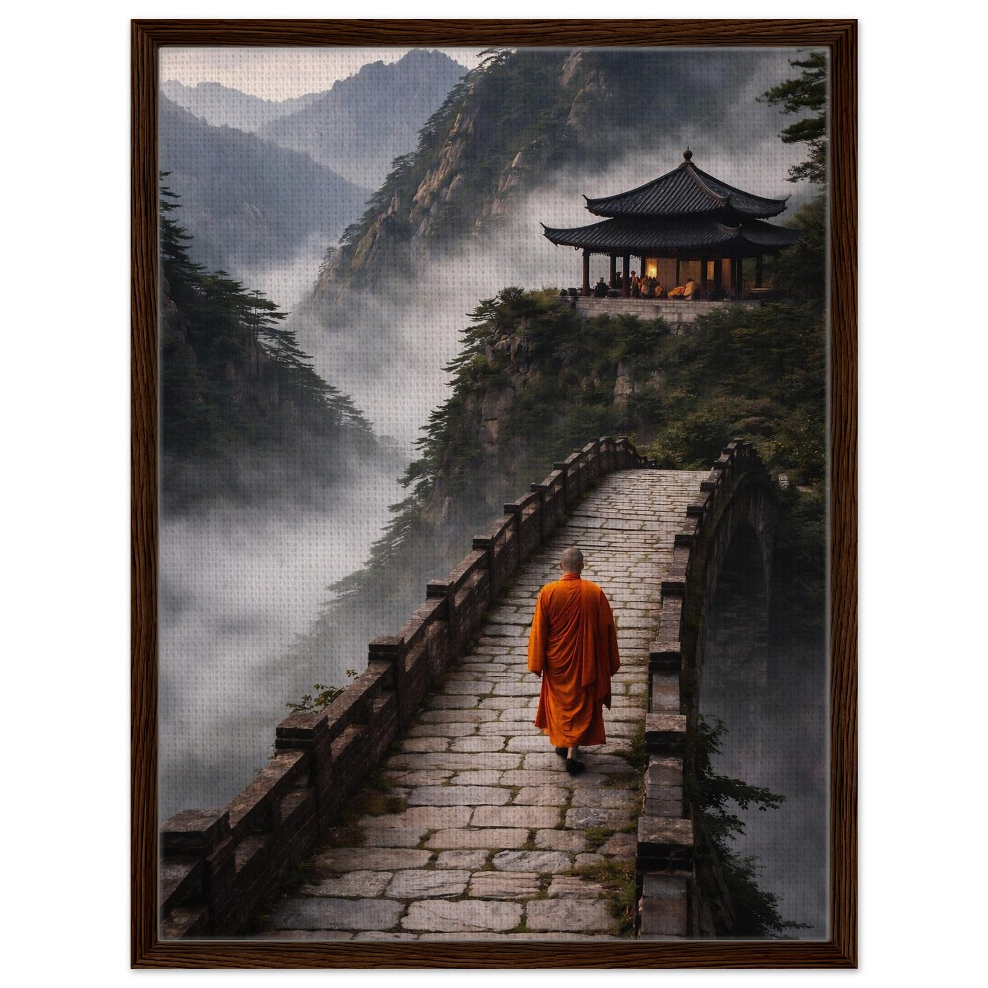 Misty mountain temple canvas wall art presented in a dark walnut wood frame