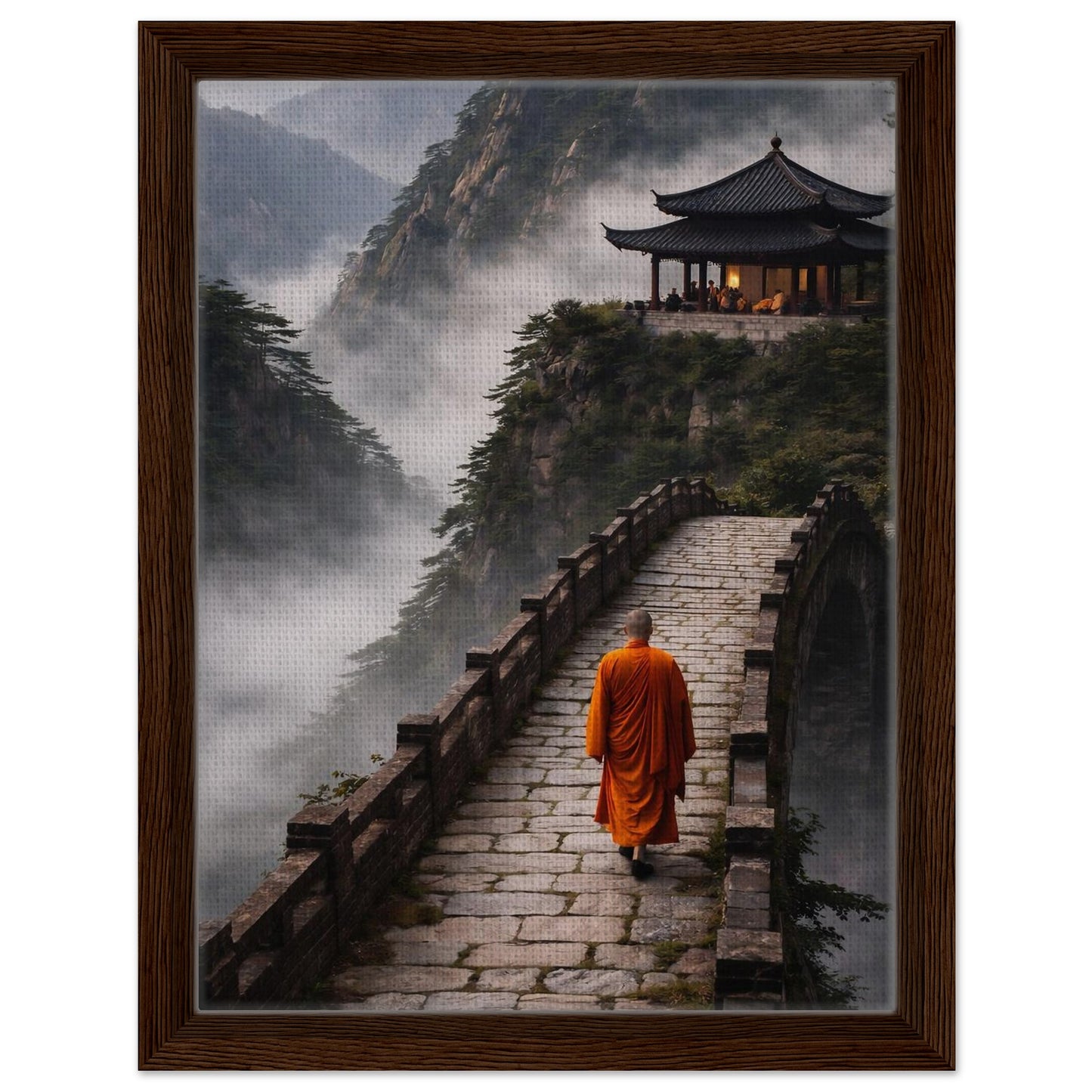 Misty Asian mountain landscape canvas wall art in a deep walnut frame