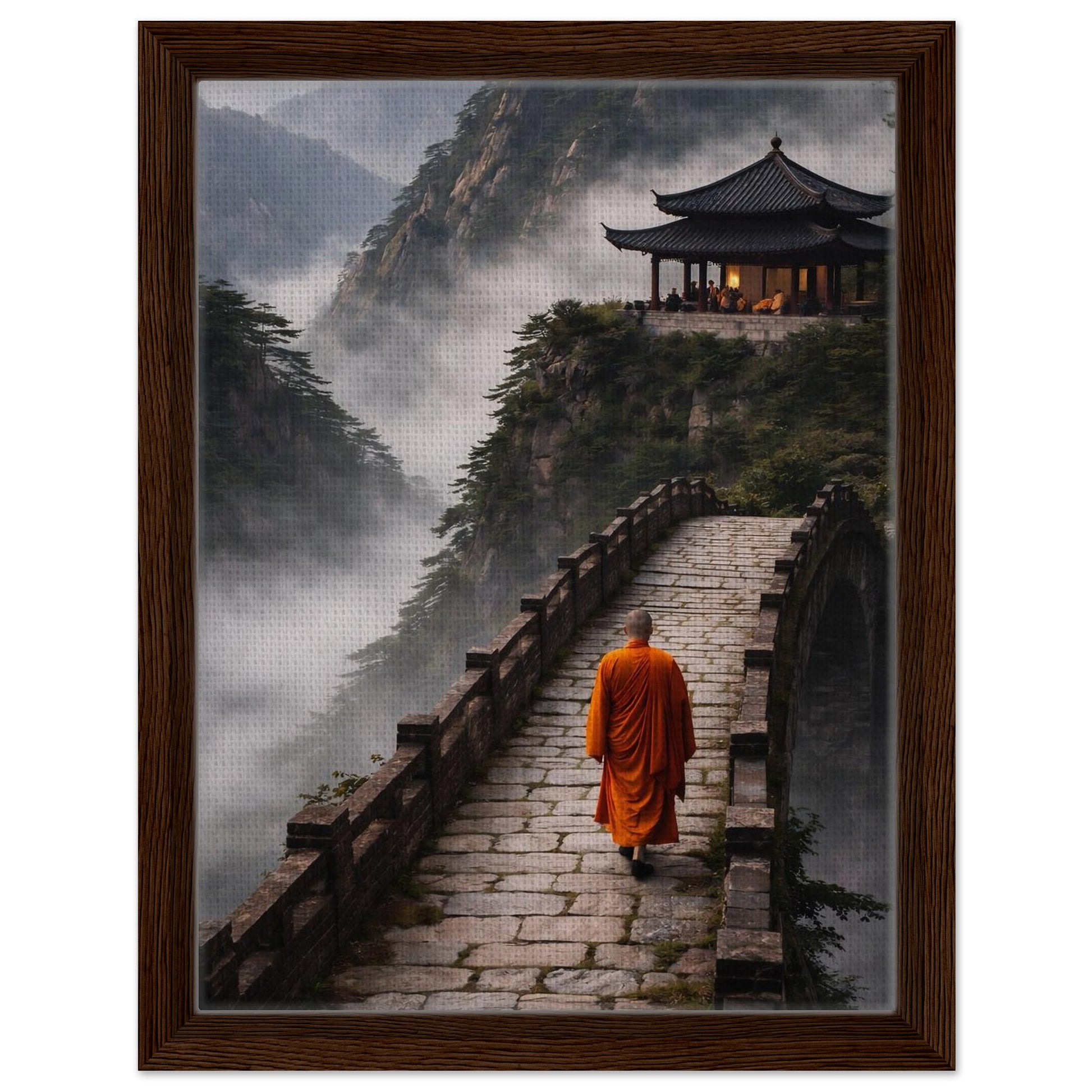 Misty Asian mountain landscape canvas wall art in a deep walnut frame